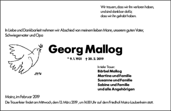 Traueranzeige von Georg Mallog von vrm-trauer