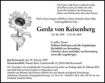 Traueranzeige von Gerda von Keisenberg von vrm-trauer
