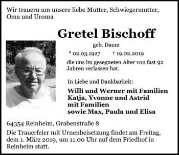 Traueranzeige von Gretel Ilischoff von vrm-trauer