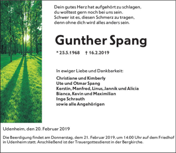 Traueranzeige von Gunther Spang von vrm-trauer