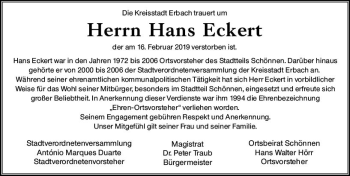 Traueranzeige von Hans Eckert von vrm-trauer