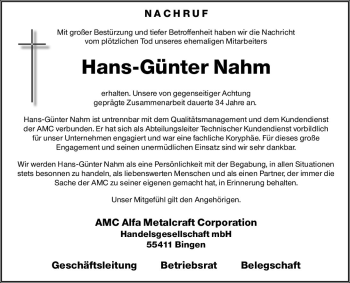 Traueranzeige von Hans-Günter Nahm von vrm-trauer