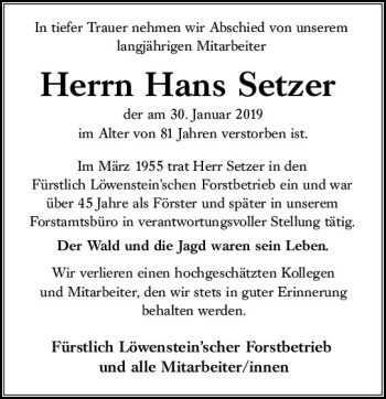 Traueranzeige von Hans Setzer von vrm-trauer