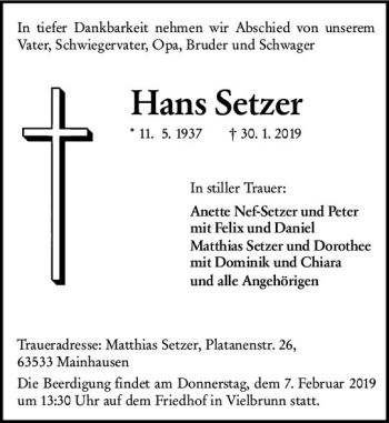 Traueranzeige von Hans Setzer von vrm-trauer