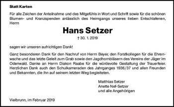 Traueranzeige von Hans Setzer von vrm-trauer
