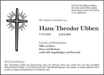 Traueranzeige von Hans Theodor Ubben von vrm-trauer