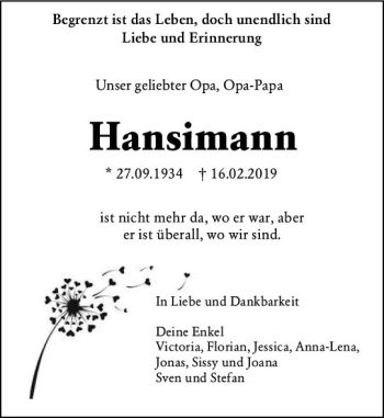 Traueranzeige von Hansimann  von vrm-trauer