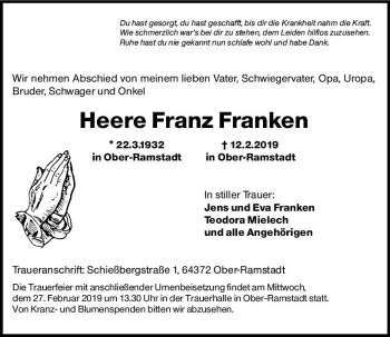 Traueranzeige von Heere Franz Franken von vrm-trauer