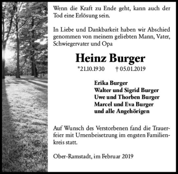 Traueranzeige von Heinz Burger von vrm-trauer