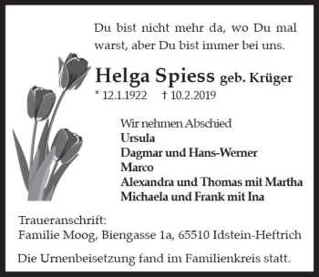 Traueranzeige von Helga Speiss von vrm-trauer