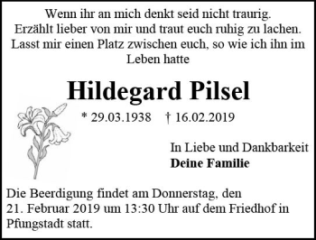 Traueranzeige von Hildegard Pilsel von vrm-trauer