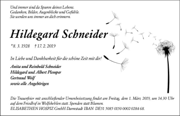 Traueranzeige von Hildegard Schneider von vrm-trauer