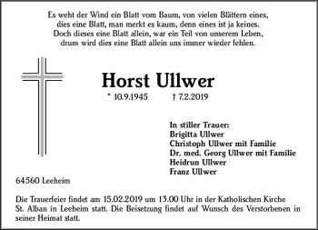 Traueranzeige von Horst Ullwer von vrm-trauer