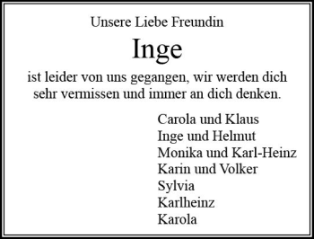 Traueranzeige von Inge  von vrm-trauer