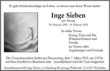 Traueranzeige von Inge Sieben von vrm-trauer