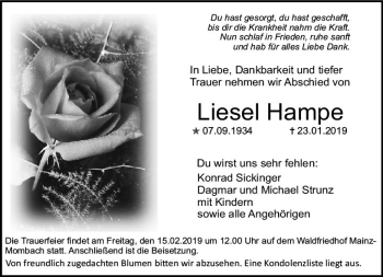 Traueranzeige von Liesel Hampe von vrm-trauer