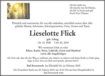 Traueranzeige von Lieselotte Flick von vrm-trauer