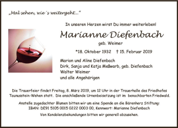 Traueranzeige von Marianne Diefenbach von vrm-trauer