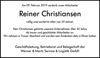 Traueranzeige von Reiner Christiansen von vrm-trauer