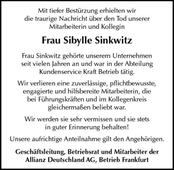 Traueranzeige von Sibylle Sinkwitz von vrm-trauer