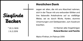 Traueranzeige von Sieglinde Becker von vrm-trauer