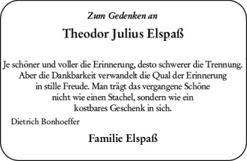 Traueranzeige von Theodor Julius Elspaß von vrm-trauer