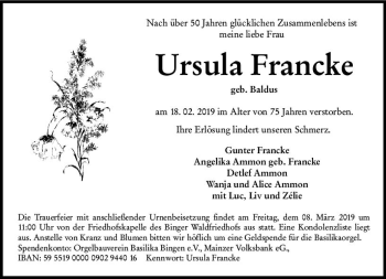 Traueranzeige von Ursula Francke von vrm-trauer