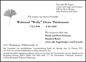 Traueranzeige von Waltraud Wolly Elvira Thielemann von vrm-trauer