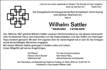 Traueranzeige von Wilhelm Sattler von vrm-trauer