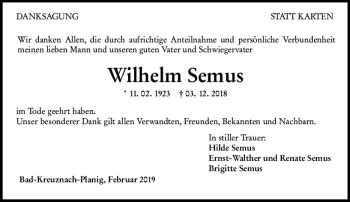 Traueranzeige von Wilhelm Semus von vrm-trauer