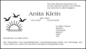 Traueranzeige von Anita Klein von vrm-trauer