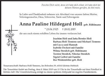 Traueranzeige von Anna Pauline Hildegard Holl von vrm-trauer