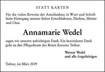 Traueranzeige von Annamarie Wedel von vrm-trauer
