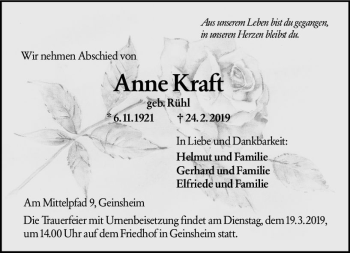 Traueranzeige von Anne Kraft von vrm-trauer