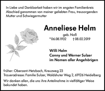 Traueranzeige von Anneliese Helm von vrm-trauer