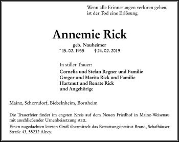 Traueranzeige von Annemie Rick von vrm-trauer