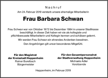 Traueranzeige von Barbara Schwan von vrm-trauer