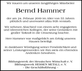 Traueranzeige von Bernd Hammer von vrm-trauer