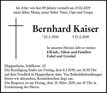 Traueranzeige von Bernhard Kaiser von vrm-trauer