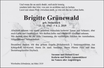 Traueranzeige von Brigitte Grünewald von vrm-trauer