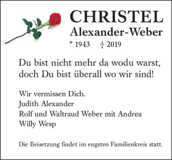 Traueranzeige von Christel Alexander-Weber von vrm-trauer
