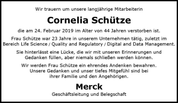 Traueranzeige von Cornelia Schütze von vrm-trauer