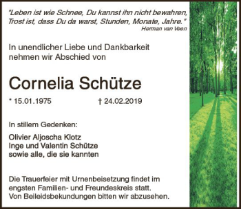 Traueranzeige von Cornelia Schütze von vrm-trauer
