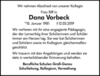 Traueranzeige von Dana Vorbeck von vrm-trauer