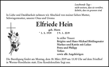Traueranzeige von Elfriede Hein von vrm-trauer