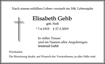 Traueranzeige von Elisabeth Gehb von vrm-trauer