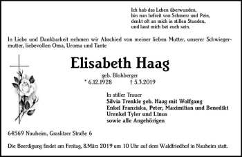 Traueranzeige von Elisabeth Haag von vrm-trauer
