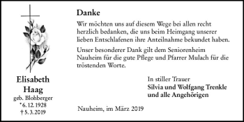 Traueranzeige von Elisabeth Haag von vrm-trauer