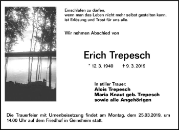 Traueranzeige von Erich Trepesch von vrm-trauer