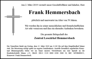 Traueranzeige von Frank Hemmersbach von vrm-trauer